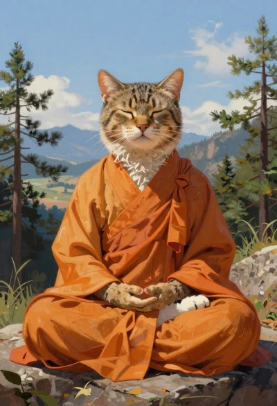 Tabby cat monk meditating on mountain rock