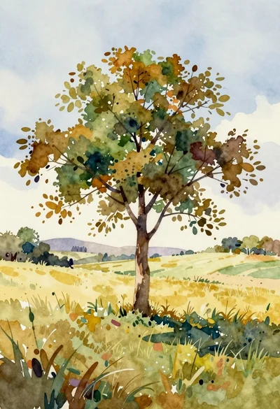 Solitary tree in vast open field under soft sky with distant hills