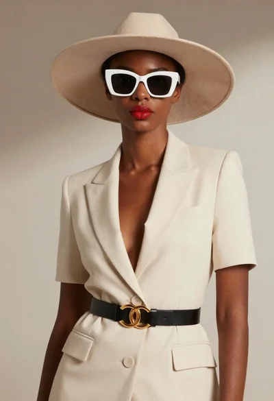 Black woman in cream suit wearing wide brim hat