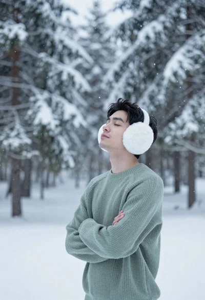 Young man in green sweater standing in snowy forest with earmuffs