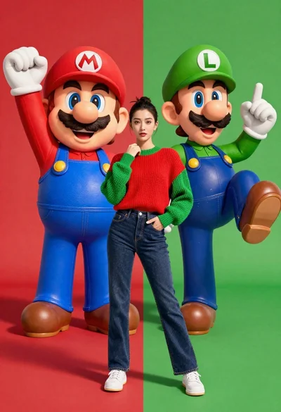 Full body studio shot of woman standing between large mario and luigi