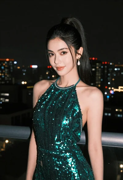 Woman in emerald green sequin dress on balcony at night