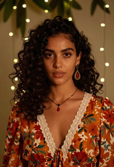 Portrait of woman in floral dress with dark curly hair