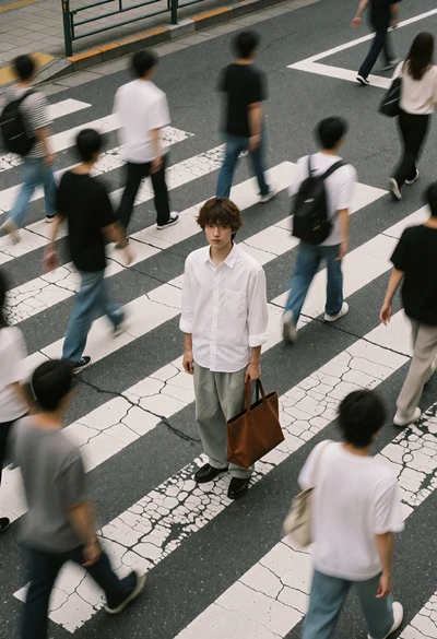 Young man standing still in busy crosswalk amidst motion blur pedestrians