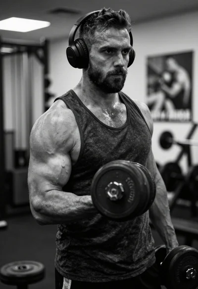 Muscular man lifting dumbbell in gym setting low angle view