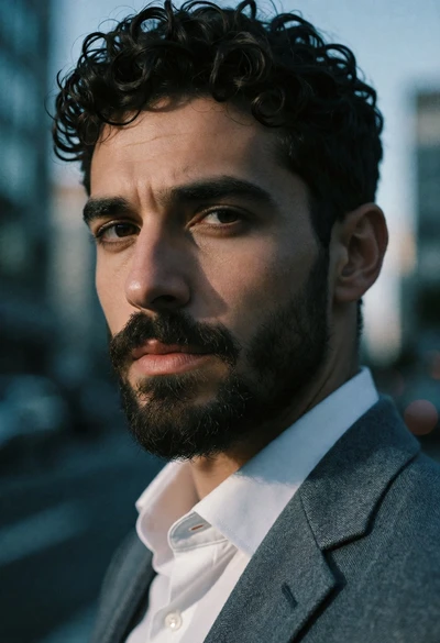 Closeup portrait of man with beard wearing blazer against blurred city background