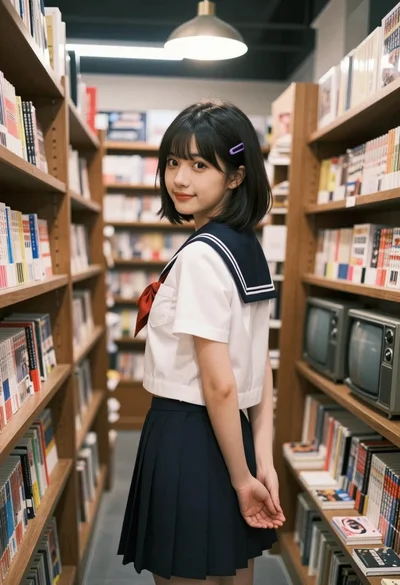 Young woman in japanese school uniform stands in a bookstore looking back over shoulder