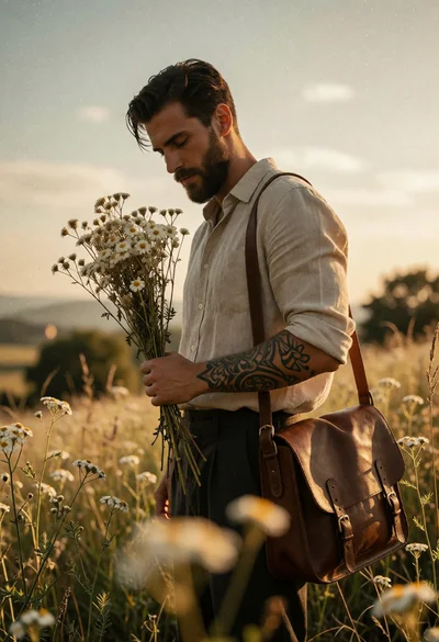 Bearded man in linen shirt holding flowers in sundrenched wildflower field