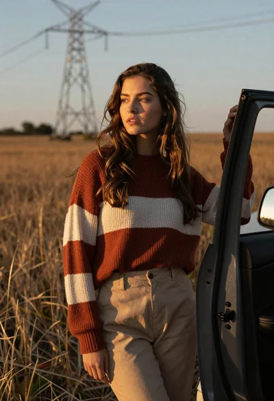 Young woman in striped sweater leaning on car door in golden field