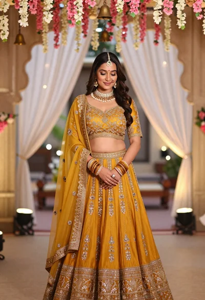 Young indian woman in mustard yellow lehenga standing under floral archway