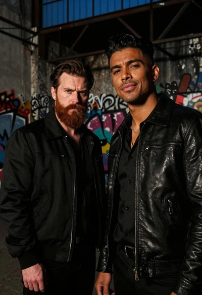 Two men standing in an urban industrial setting with graffiti walls