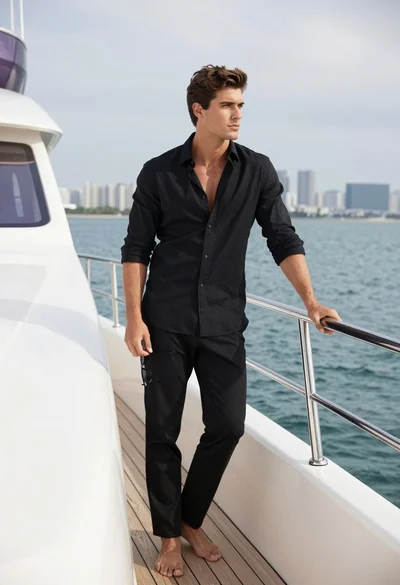 Handsome young man on luxury yacht overlooking blue sea and city skyline