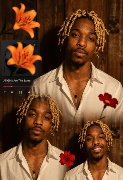 Collage portrait of young black man with blonde dreadlocks and goatee in