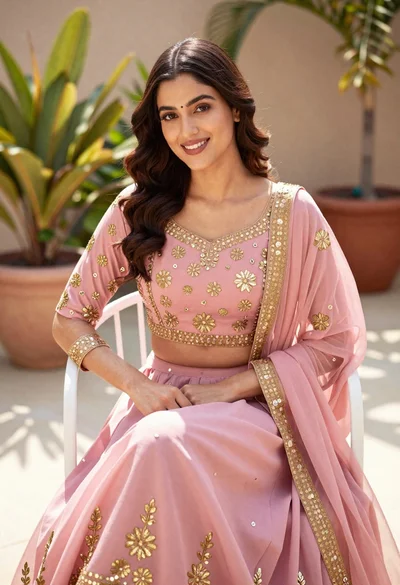 Young woman in pink traditional lehenga sitting on chair outdoors