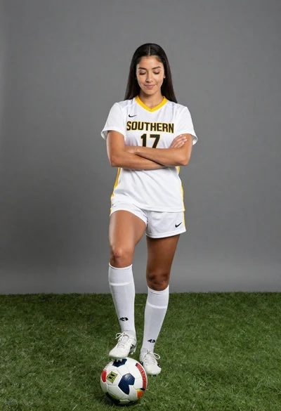 Fit young woman posing with a soccer ball on artificial turf in