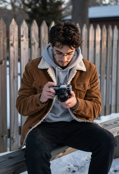 Young man reviewing photos with vintage camera by wooden fence in snow