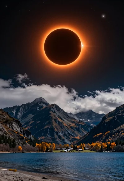 Surreal landscape of solar eclipse over mountains lake and autumn foliage