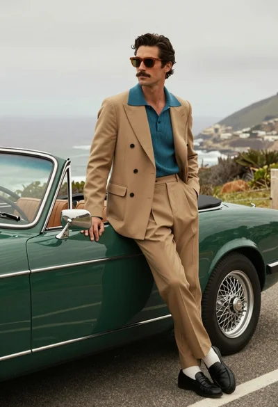 Stylish man in suit leaning on vintage green convertible car by the