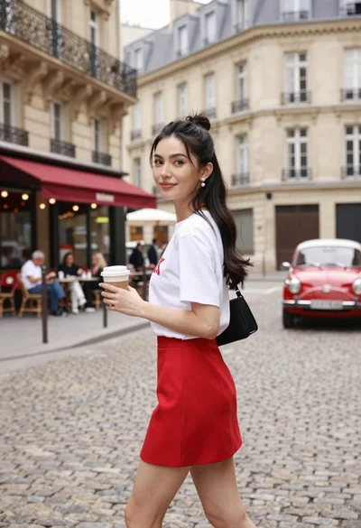 Stylish woman walking down cobblestone street in paris holding coffee