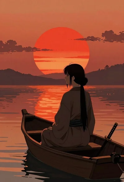 Woman silhouette on boat at sunset anime illustration