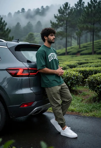 Young man leaning on dark suv in misty tea plantation road