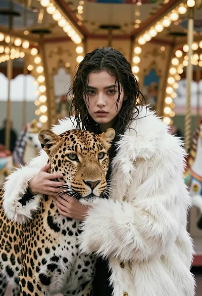 Cinematic portrait of woman holding leopard near glowing carousel lights