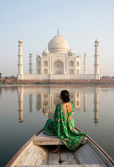Woman in green sari sitting on boat facing taj mahal across calm