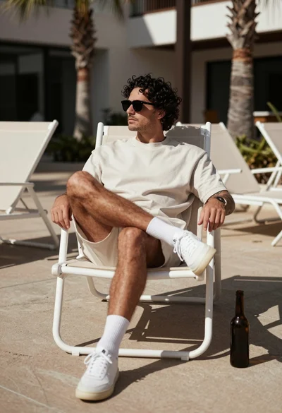 Man sitting casually on white lounge chair in sunlit outdoor courtyard setting