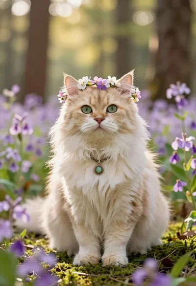 Fluffy cream cat wearing floral crown in sunlit forest clearing