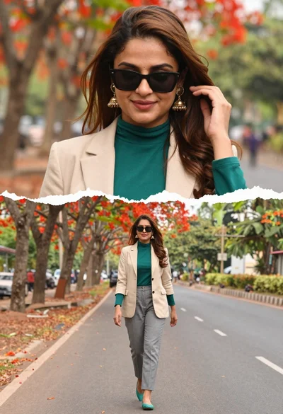 Split composition portrait of young woman with brown hair walking down road