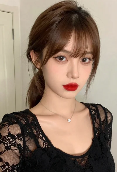 Close up portrait of young woman with brown hair and red lipstick