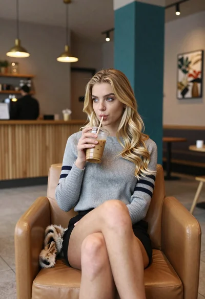 Blonde woman in sweater sitting in cafe with iced coffee drink