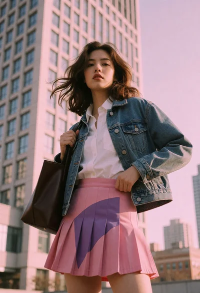 Young woman in denim jacket and pleated skirt against modern building facade
