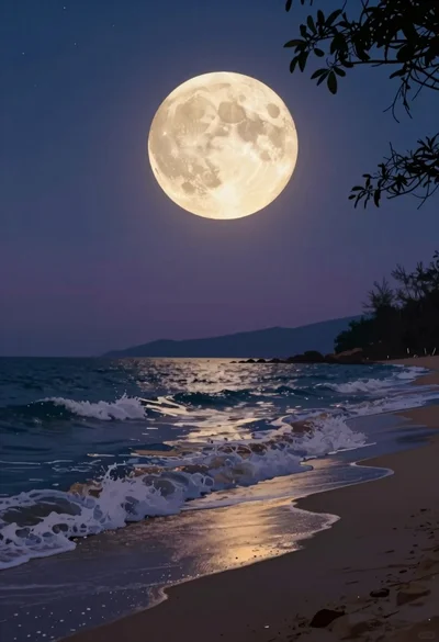 Hyperrealistic view of a massive full moon over calm ocean shoreline at