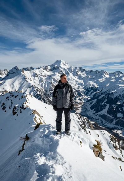 Middle aged man on snowy mountain ridge overlooking vast alpine peaks