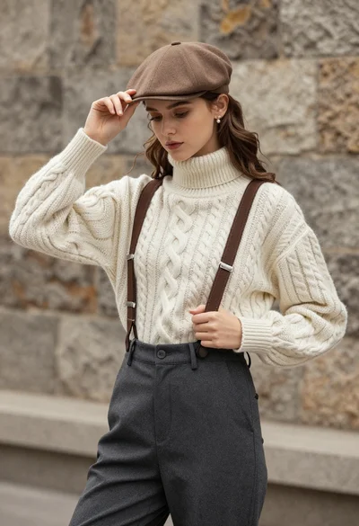 Young woman in cable knit sweater by blurred textured stone wall background