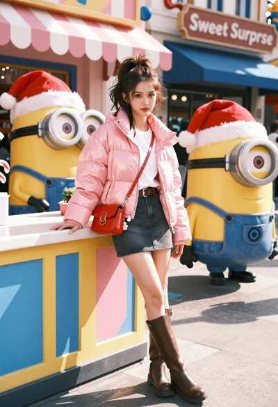 Young woman in pink puffer jacket standing by counter with minions