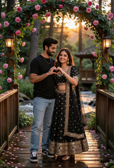 Romantic couple on wooden bridge at sunset with pink roses and vines