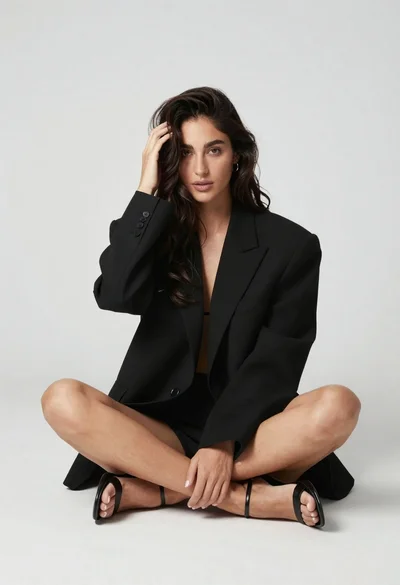 Woman in oversized blazer sitting cross legged studio portrait