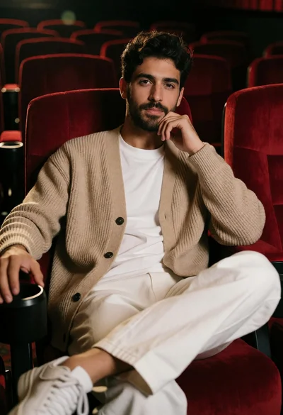 Young man sitting in plush red cinema seat with thoughtful pose