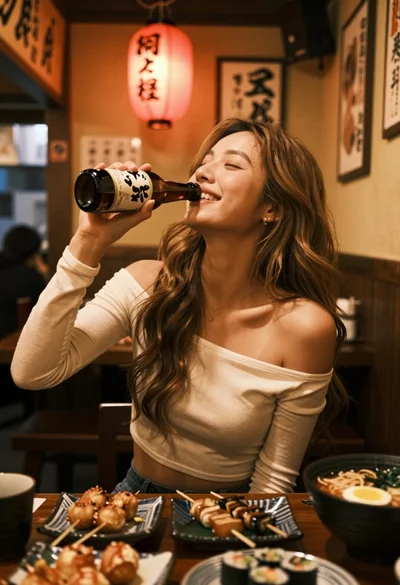 Smiling woman drinking beer in dimly lit japanese restaurant setting