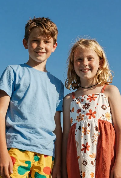 Two smiling children looking up at camera under blue sky