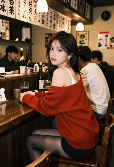 Young woman in red sweater at wooden bar counter in japanese izakaya