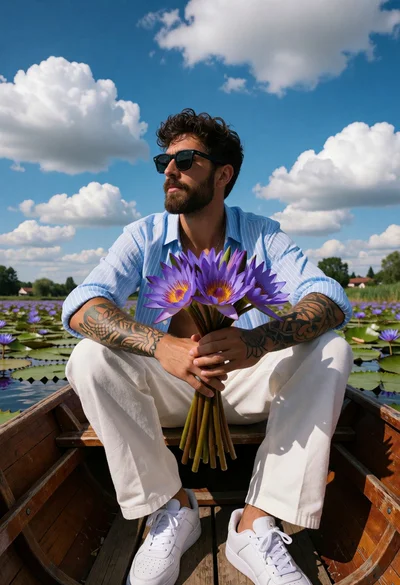 Bearded man in boat holding purple lilies under bright blue sky