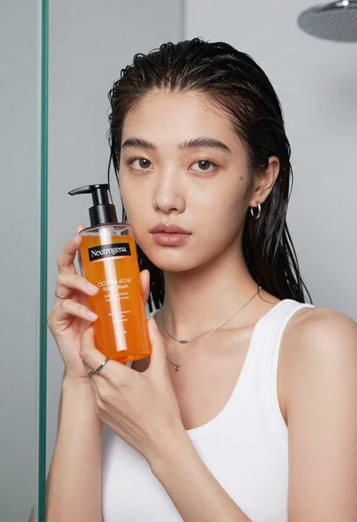 Young east asian woman holding orange liquid bottle in studio
