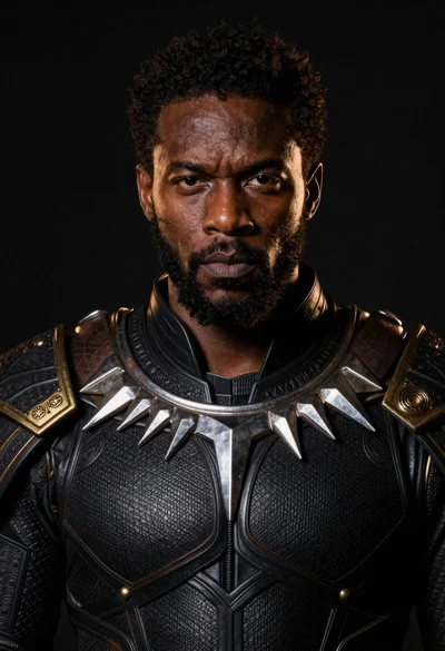 Black man in dark armored suit portrait against black background