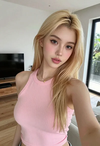 Close up selfie of blonde woman in pink tank top indoors