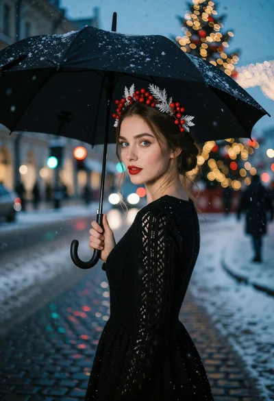 Woman under black umbrella on snowy cobblestone street at evening