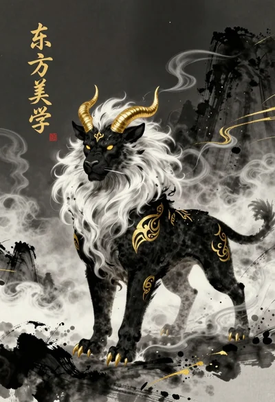 Majestic mythical beast with golden horns in dark mountains mist