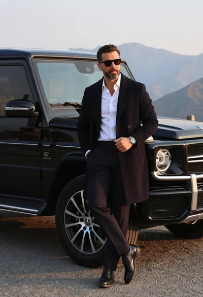 Man in overcoat posing by luxury suv near mountains